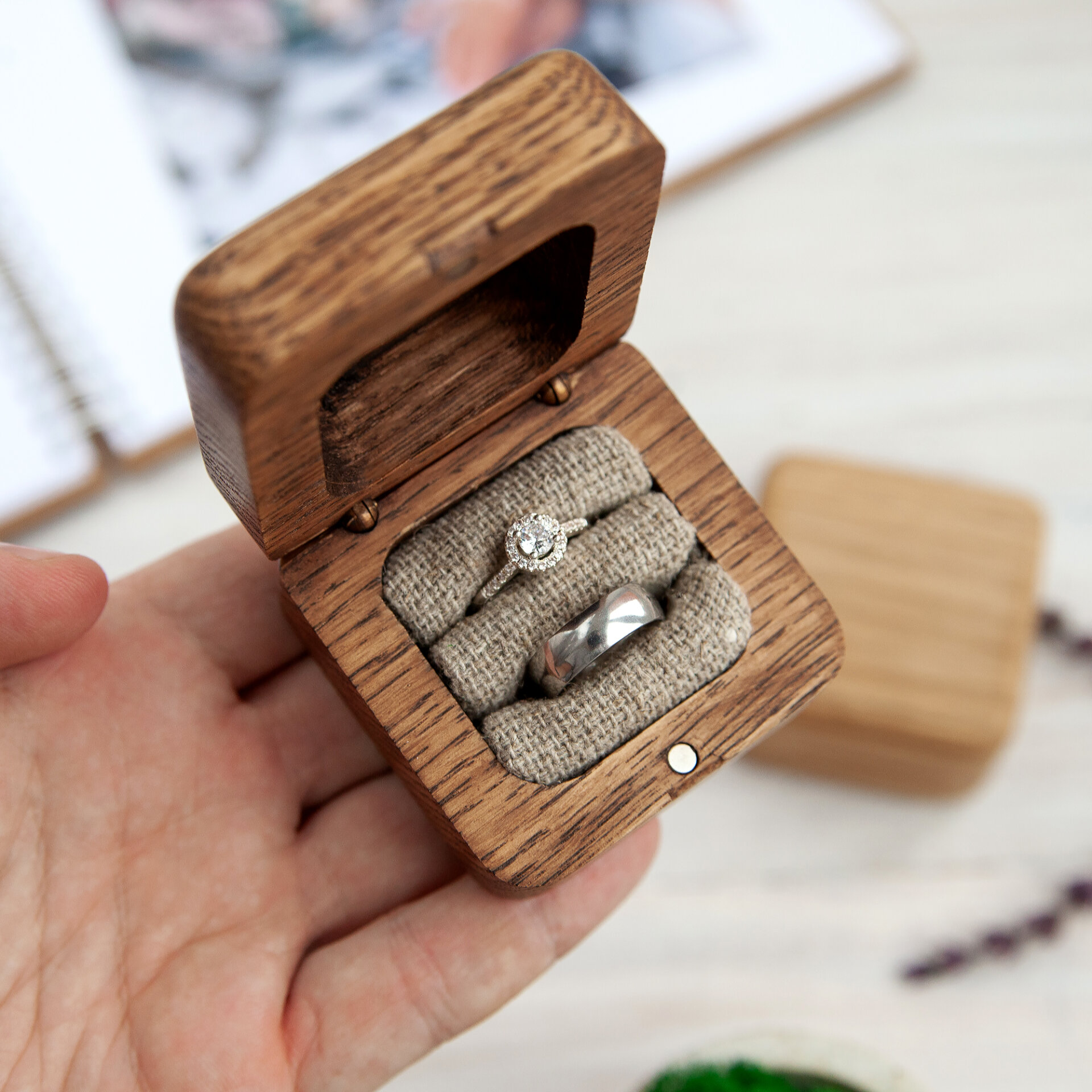 Customized wooden ring box unique engagement decor ceremony